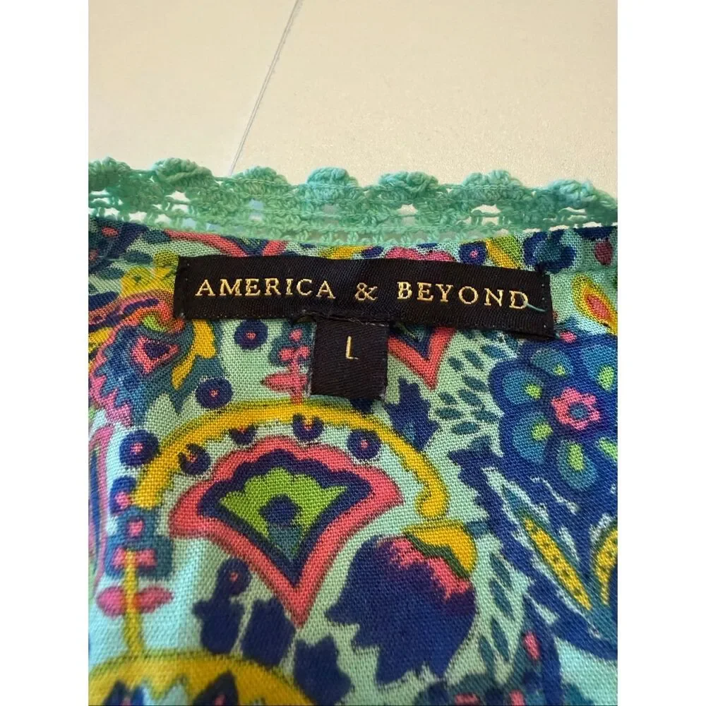 American & Beyond Caftan Dress/Swim Cover Teal Paisley Size M Festival, Resort